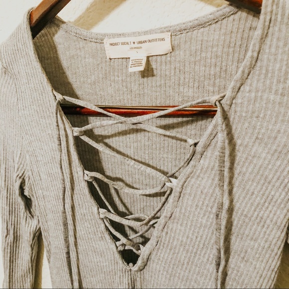 Urban Outfitters Grey Ribbed Lace Long Sleeve Top - Picture 3 of 4